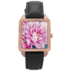 Art Painting Flowers Peonies Pink Rose Gold Leather Watch 