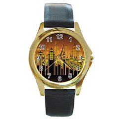 Buildings Skyscrapers City Round Gold Metal Watch by Wegoenart