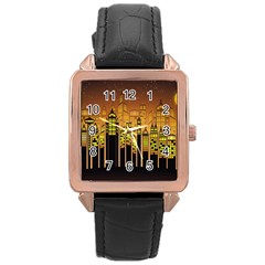 Buildings Skyscrapers City Rose Gold Leather Watch  by Wegoenart