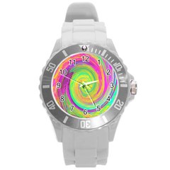 Groovy Abstract Purple And Yellow Liquid Swirl Round Plastic Sport Watch (l) by myrubiogarden