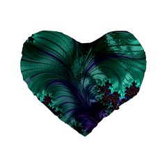 Fractal Turquoise Feather Swirl Standard 16  Premium Flano Heart Shape Cushions by Pakrebo