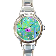 Pink Rose Of Sharon Impressionistic Blue Landscape Garden Round Italian Charm Watch by myrubiogarden