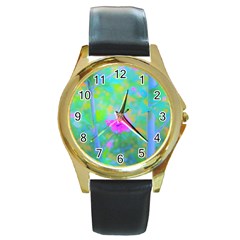 Pink Rose Of Sharon Impressionistic Blue Landscape Garden Round Gold Metal Watch by myrubiogarden