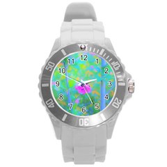 Pink Rose Of Sharon Impressionistic Blue Landscape Garden Round Plastic Sport Watch (l) by myrubiogarden