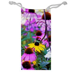 Yellow Flowers In The Purple Coneflower Garden Jewelry Bag by myrubiogarden