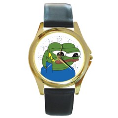 Apu Apustaja With Banana Phone Wall Eyed Pepe The Frog Kekistan Round Gold Metal Watch by snek