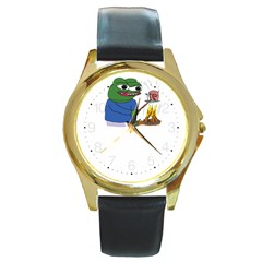 Apu Apustaja Roasting A Snail On A Campfire Pepe The Frog Round Gold Metal Watch by snek