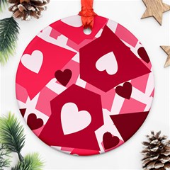 Pink Hearts Pattern Love Shape Round Ornament (two Sides) by Pakrebo