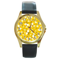 Pattern Background Corn Kernels Round Gold Metal Watch