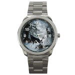 Awesome Black And White Wolf In The Dark Night Sport Metal Watch Front