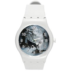 Awesome Black And White Wolf In The Dark Night Round Plastic Sport Watch (m) by FantasyWorld7