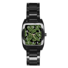 Tropical Leaves On Black Stainless Steel Barrel Watch by snowwhitegirl