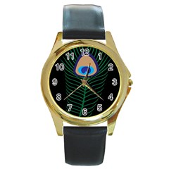 Peacock Feather Round Gold Metal Watch