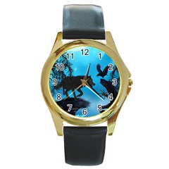 Awesome Black Wolf With Crow And Spider Round Gold Metal Watch