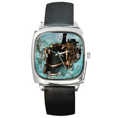 Spirit Of Steampunk, Awesome Train In The Sky Square Metal Watch by FantasyWorld7