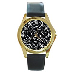 Dark Abstract Print Round Gold Metal Watch