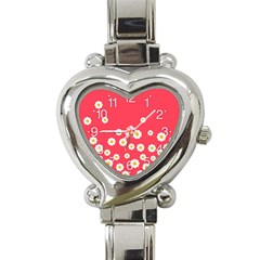 White Daisies Flower Pattern On Washed Red Background Retro Style Heart Italian Charm Watch by genx