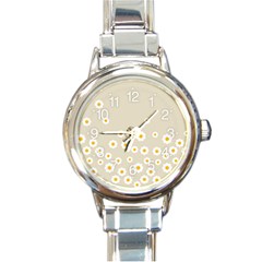 White Daisies Flower Pattern On Vintage Pastel Beige Background Retro Style Round Italian Charm Watch by genx