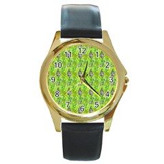 Maple Leaf Plant Seamless Pattern Round Gold Metal Watch by Pakrebo