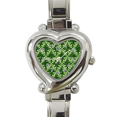 White Flowers Green Damask Heart Italian Charm Watch