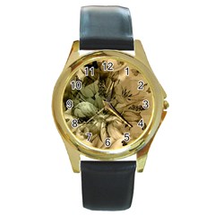 Wonderful Floral Design With Butterflies Round Gold Metal Watch by FantasyWorld7