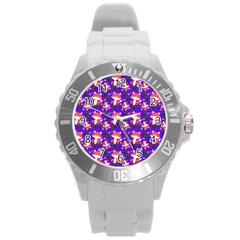 Fox And Trees Pattern Blue Round Plastic Sport Watch (l)