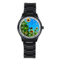 Bright Sunflowers Stainless Steel Round Watch by okhismakingart