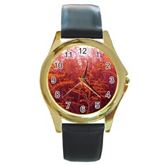 Red Goldenrod Round Gold Metal Watch