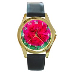 Folded Red Rose Round Gold Metal Watch