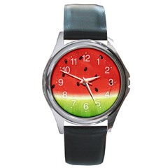 Juicy Paint Texture Watermelon Red And Green Watercolor Round Metal Watch by genx