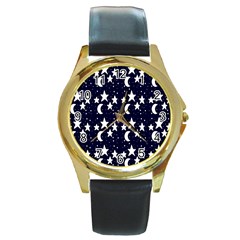 Starry Night Cartoon Print Pattern Round Gold Metal Watch by dflcprintsclothing