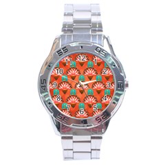 Background Floral Pattern Red Stainless Steel Analogue Watch