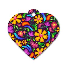 Floral Paisley Background Flower Purple Dog Tag Heart (one Side) by HermanTelo