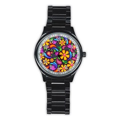 Floral Paisley Background Flower Purple Stainless Steel Round Watch by HermanTelo