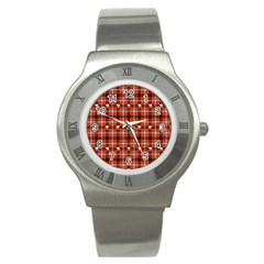 Plaid Pattern Red Squares Skull Stainless Steel Watch