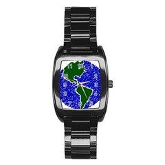 Globe Drawing Earth Ocean Stainless Steel Barrel Watch