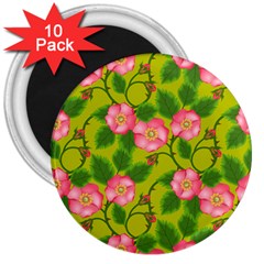 Roses Flowers Pattern Bud Pink 3  Magnets (10 Pack) 