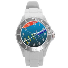 Rocket Spaceship Space Galaxy Round Plastic Sport Watch (l)