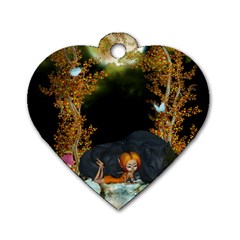 Cute Fairy With Awesome Wolf In The Night Dog Tag Heart (one Side) by FantasyWorld7