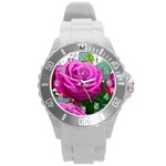 Rose Pink Purple Flower Bouquet Round Plastic Sport Watch (L) Front