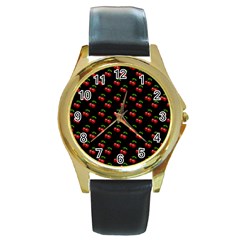 Retro Black Cherries Round Gold Metal Watch