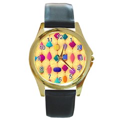 Colorful Background Stones Jewels Round Gold Metal Watch