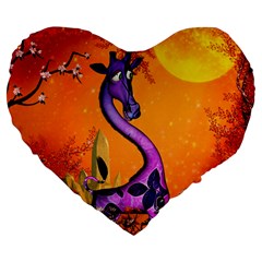 Funny Giraffe In The Night Large 19  Premium Flano Heart Shape Cushions by FantasyWorld7