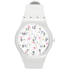 Floral Pink Blue Round Plastic Sport Watch (m)