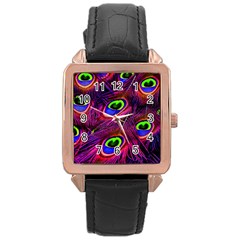 Peacock Feathers Color Plumage Rose Gold Leather Watch 