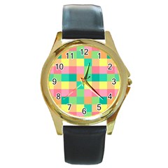 Checkerboard Pastel Squares Round Gold Metal Watch