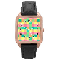 Checkerboard Pastel Squares Rose Gold Leather Watch 