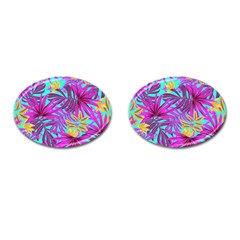 Tropical Greens Pink Leaves Cufflinks (oval)