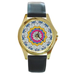 Kaleidoscope Bright Flower Mandala Round Gold Metal Watch by Pakrebo