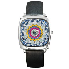 Kaleidoscope Bright Flower Mandala Square Metal Watch by Pakrebo